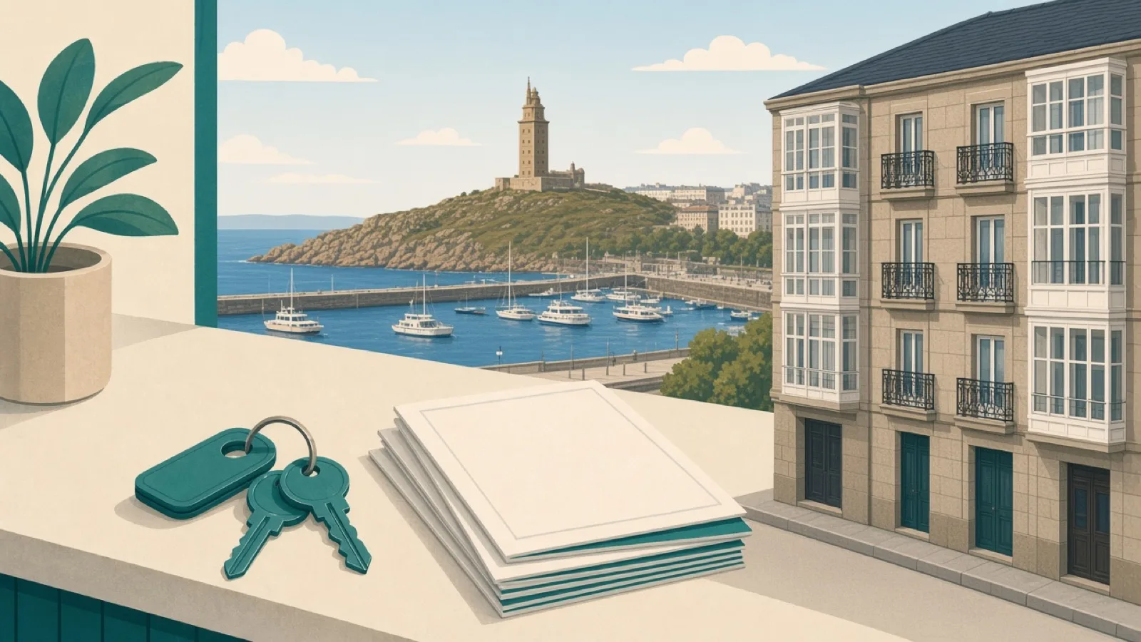 Real estate agencies in A Coruña — keys and skyline