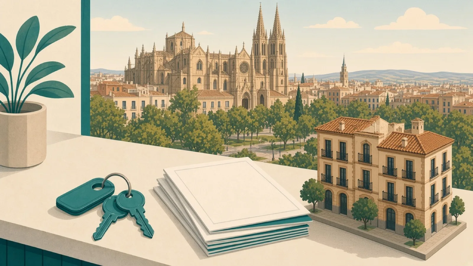 Real estate agencies in Albacete — keys and skyline