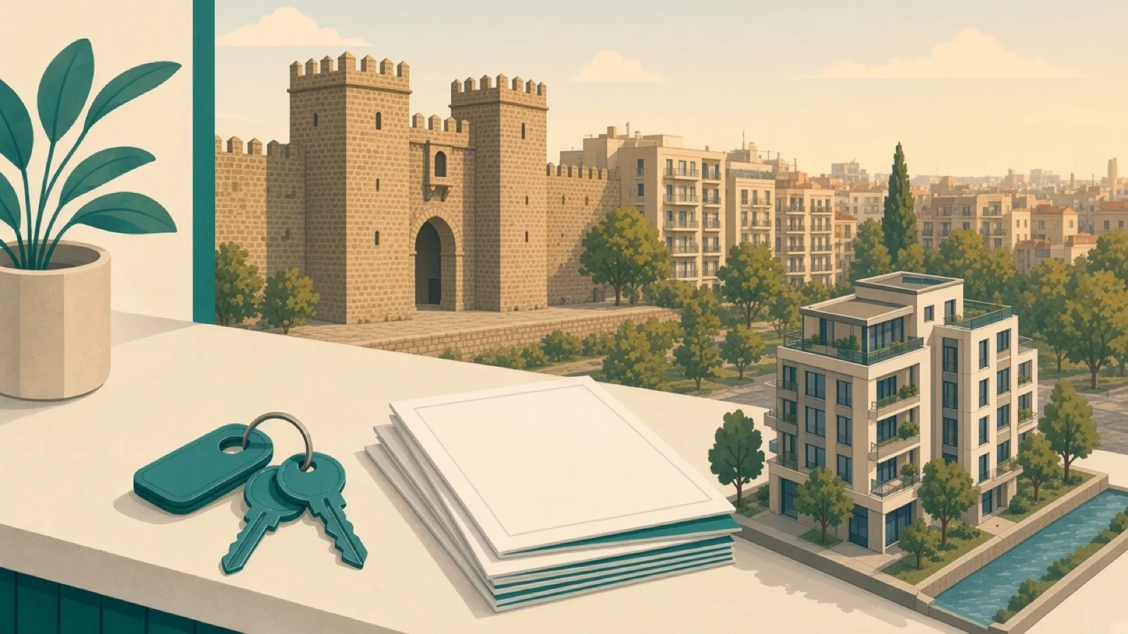 Real estate agencies in Alcorcón — keys and skyline
