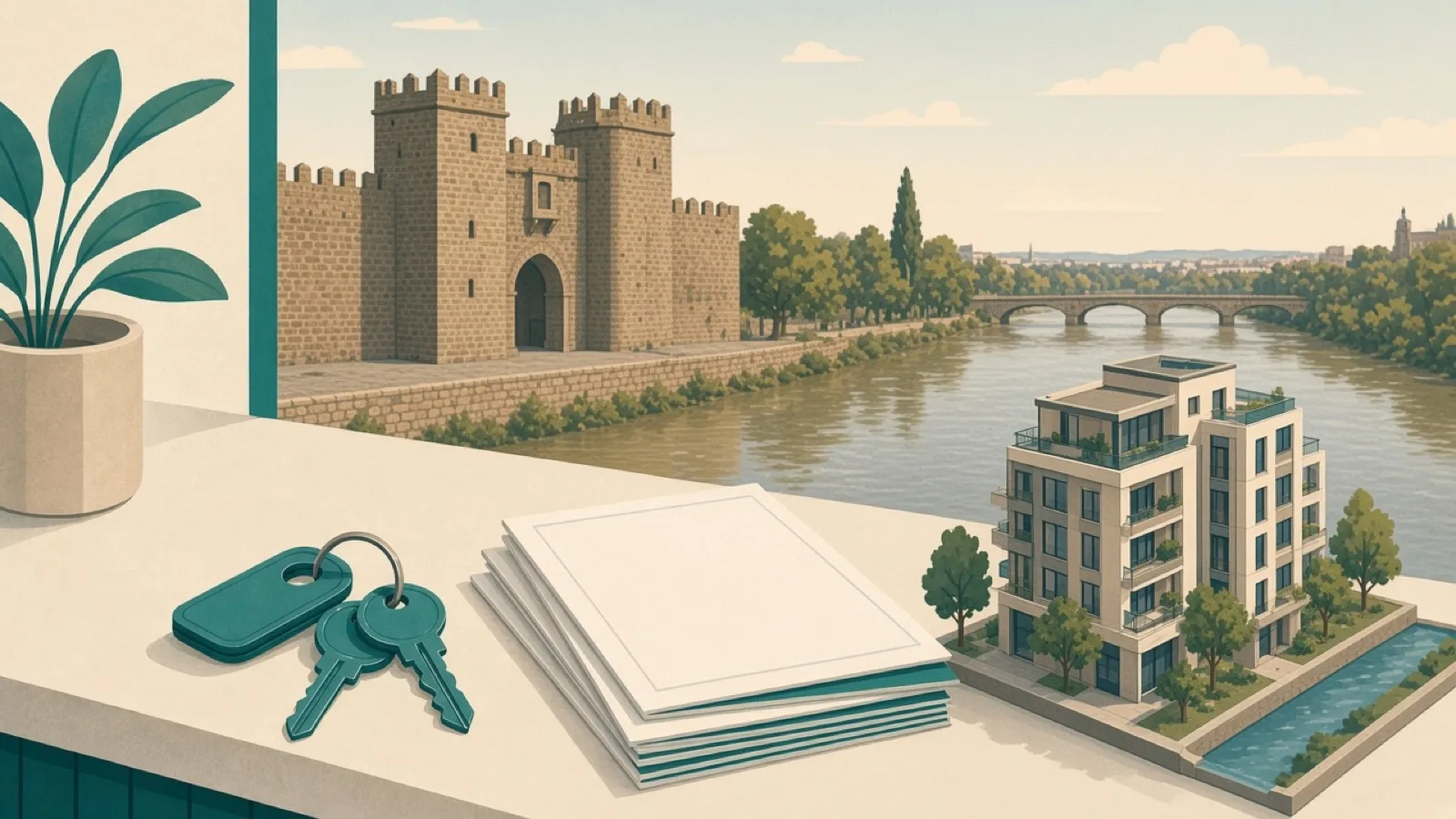 Real estate agencies in Badajoz — keys and skyline