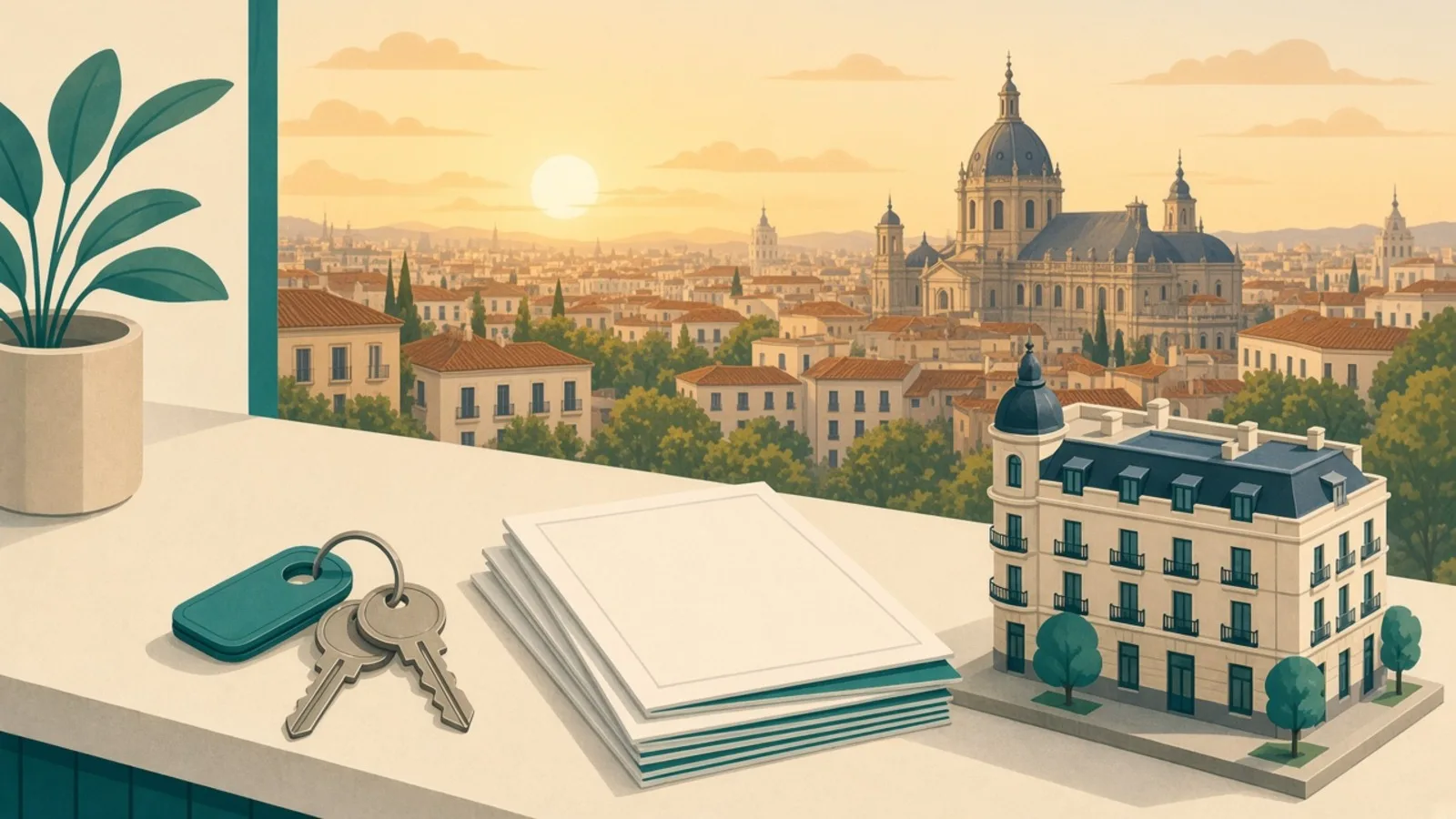 Keys and a small apartment model against a Spanish city skyline