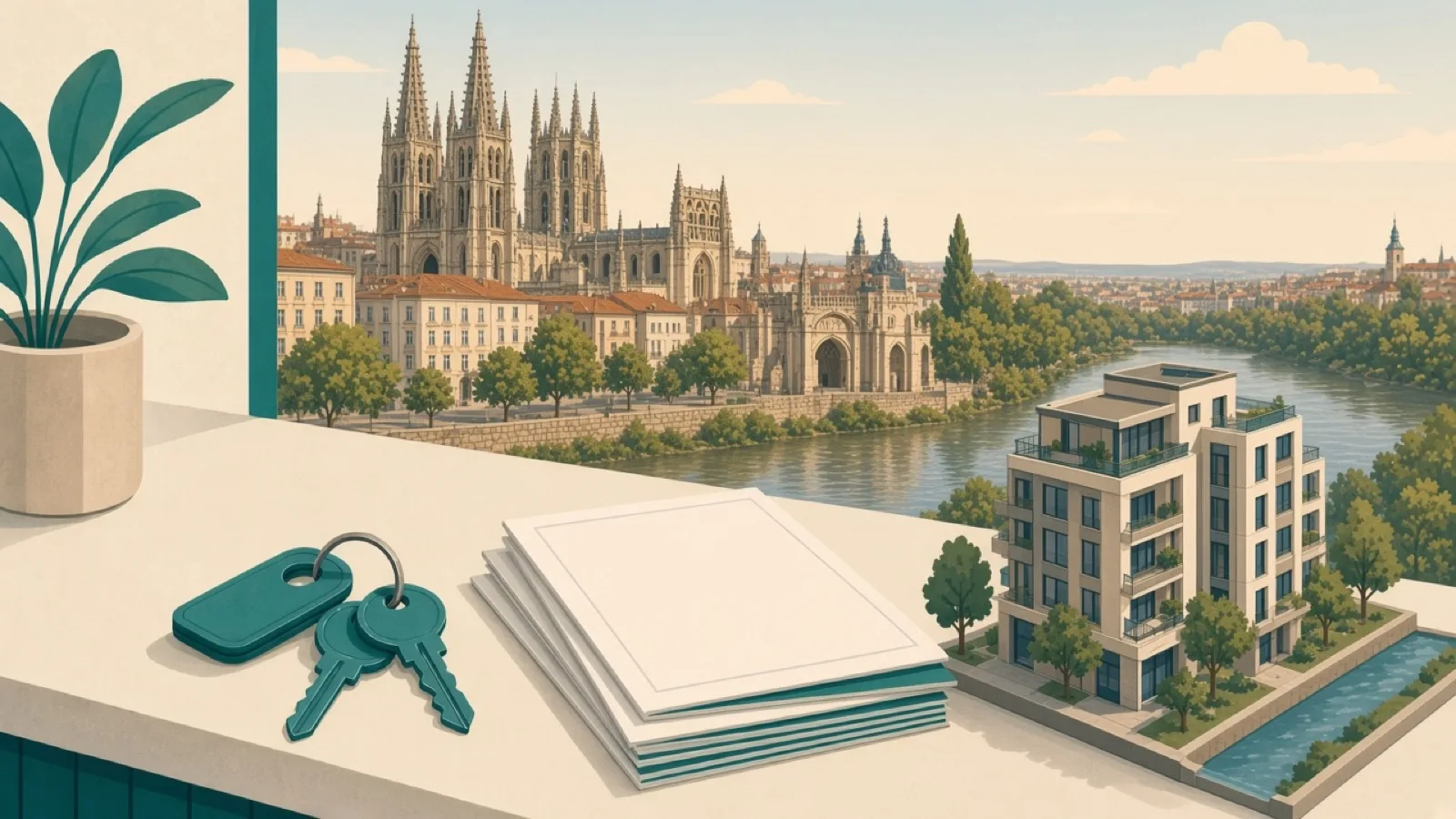 Real estate agencies in Burgos — keys and skyline