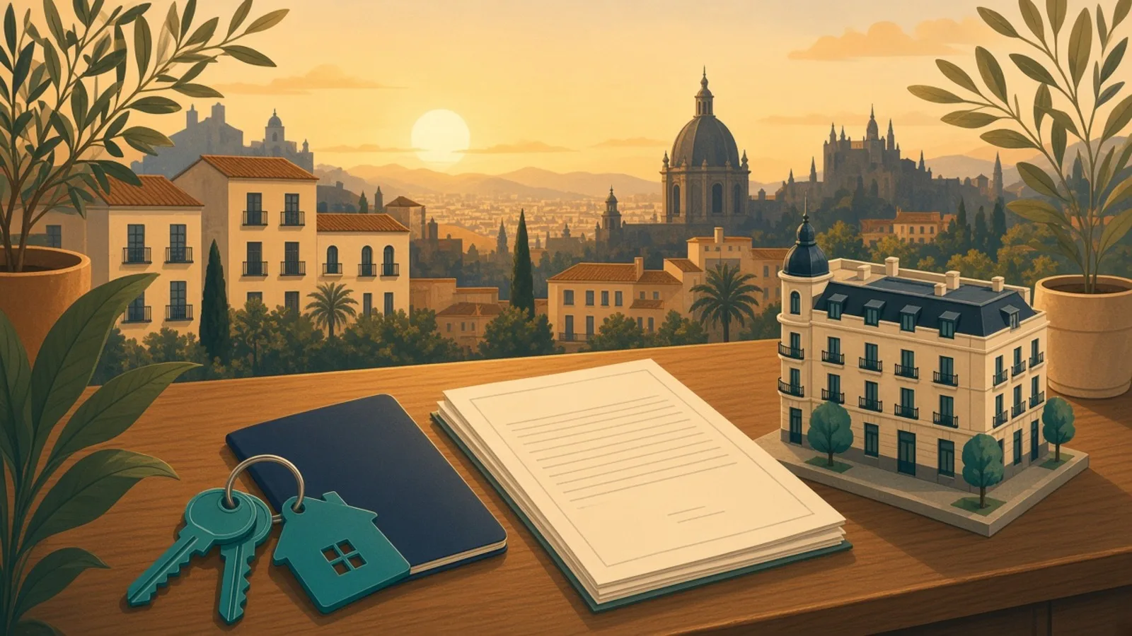 Notary desk with keys, unmarked papers and a miniature Spanish townhouse