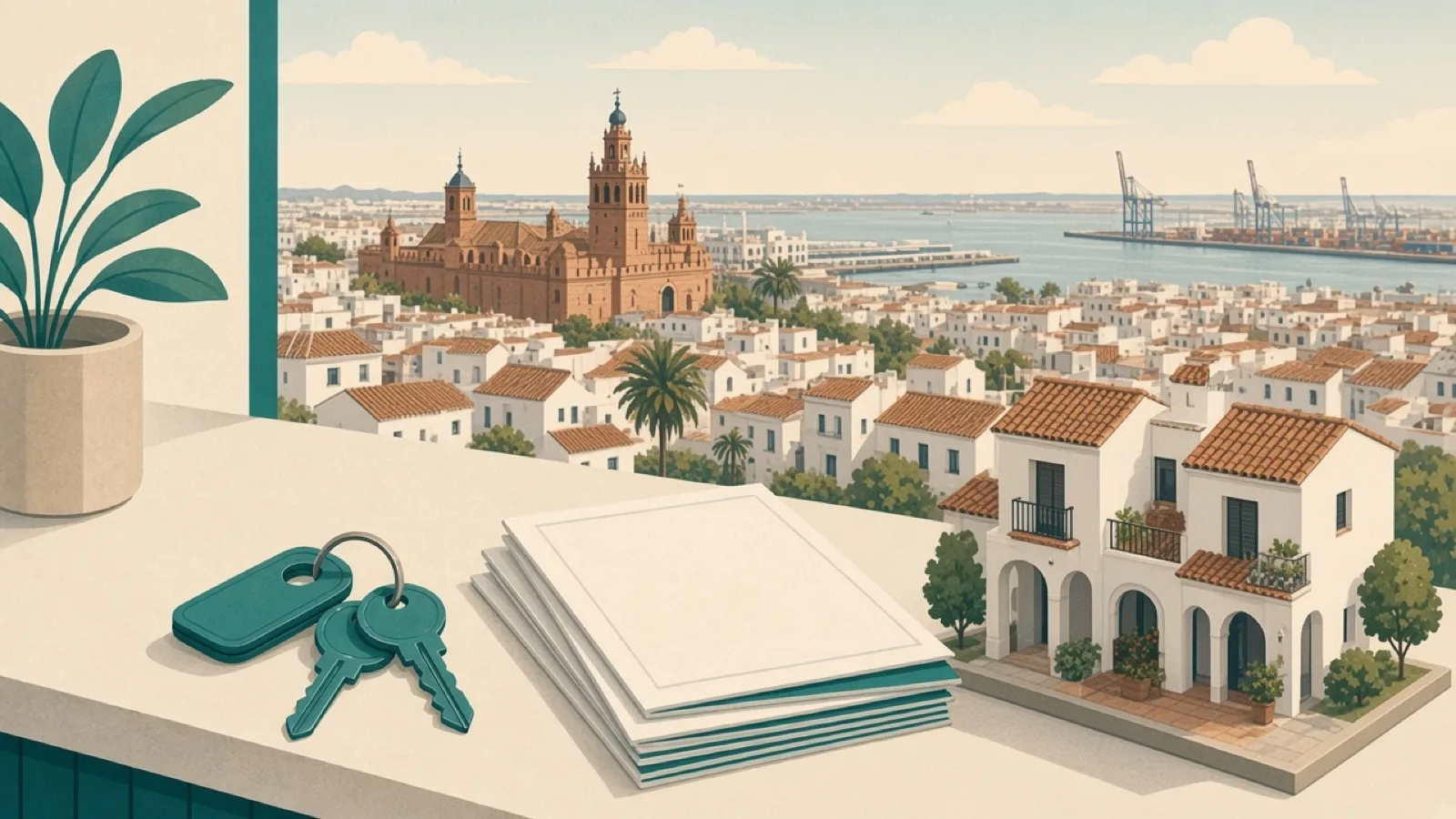 Real estate agencies in Huelva — keys and skyline