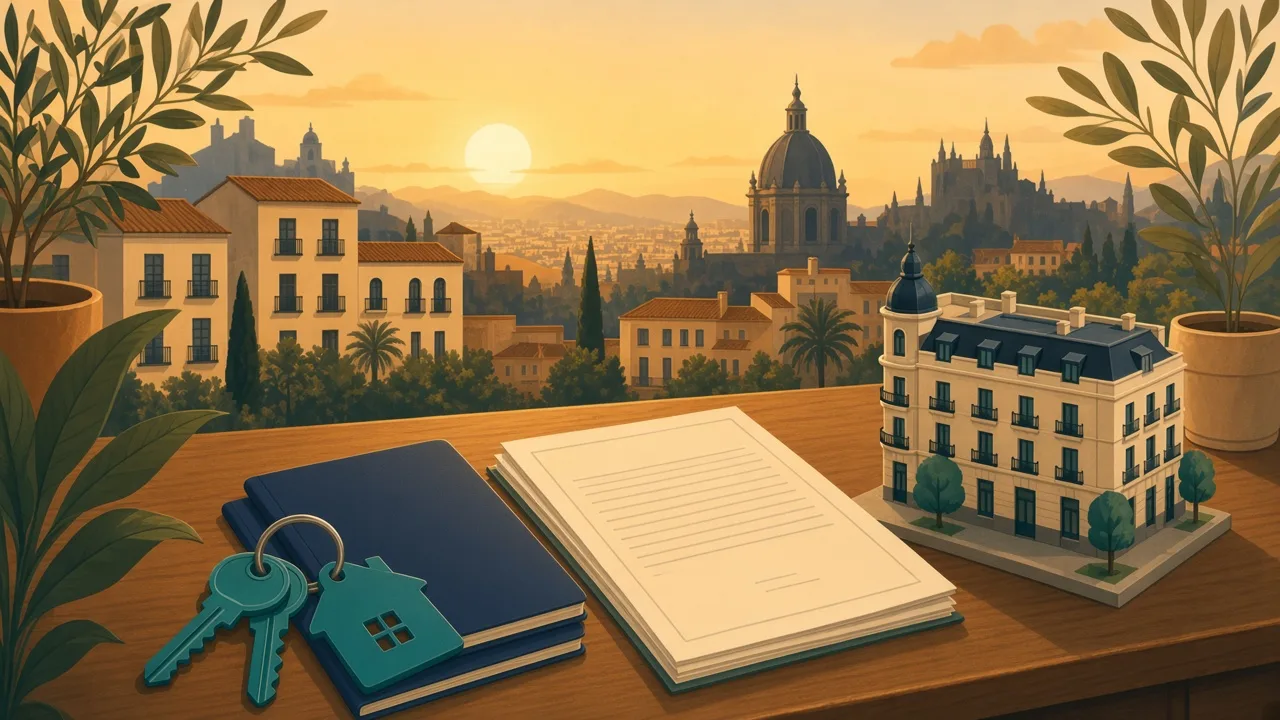 Keys, unlabeled folders and a miniature apartment on a desk against a Spanish city sunset