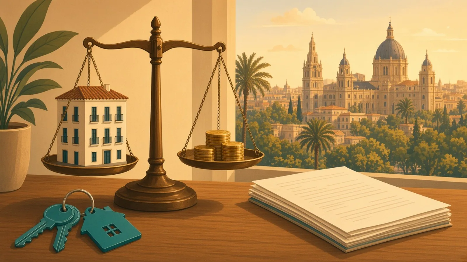 A miniature Spanish apartment building balanced against documents and coins